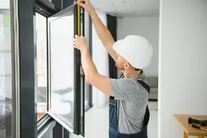 A team member of Glass Specialty WLC, a Window Company in Macomb IL, hangs a new window